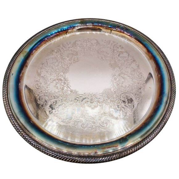 Serving Tray Vintage Castleton Round Plate Etched Patina International Silver Co - Picture 1 of 16